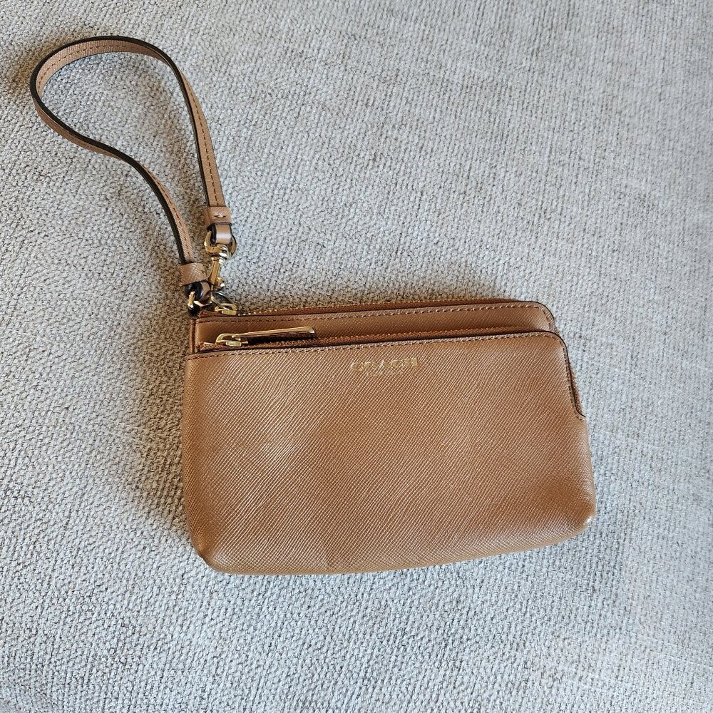 COACH double zip wallet/wristlet Saffiano leather gold toned hardware